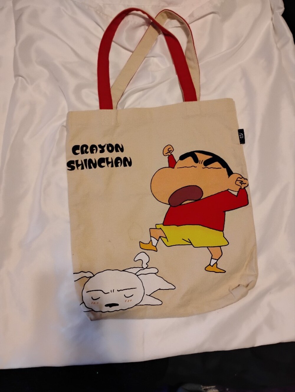 Beige Canvas Tote with Red Handles